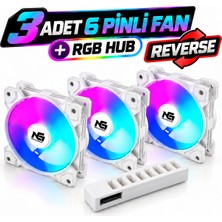 Next Gaming Orion 3 Adet Reverse (Ters Bıçak) Rgb 6 Pin 120MM Beyaz Fan + Rgb Hub Set