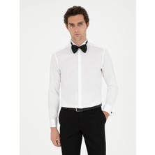 Cacharel White Slim Fit Cotton Blend Cuffed Tuxedo Shirt