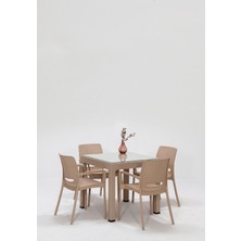 Tr Rattan Small Lüx Camlı Cappucino Masa Takımı Bahçe&balkon 1 Camlı Masa + 4 Sandalye