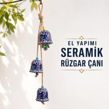 Tr 3'lü El Yapımı Seramik Rüzgar Çanı, Nazar Boncuklu Bahçe ve Balkon Süsü, Jüt Halatlı Çiçek Motifli Duvar Dekoru, Kapı Önü ve Pencere Için Dekoratif Çan, Gece Mavisi