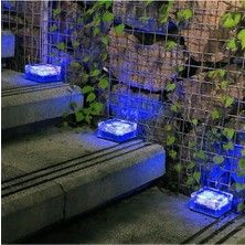 Tr Güneş Enerjili Solar Ledli Buzlu Cam Tuğla Görünümlü Mavi Renk Peyzaj Bahçe Yolu Veranda Aydınlatma