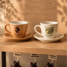 Tr Art Porselen Espresso Fincan Takımı, 2'li Set, 90 Cc, Kahve Temalı Botanik Desenli (Bej)