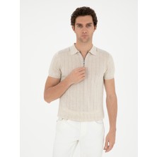 Cacharel Ecru Slim Fit Linen Blend Polo Collar Knit T-Shirt
