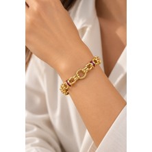 kloi Amber 14K Altın Kaplama Bordo Taşlı Ağır Gramajlı Kadın Lüks Bileklik – Premium Zincir Tasarım