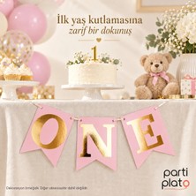 Era Balon Pembe Gold One Yazılı 1 Yaş Doğum Günü Süsü Kız Bebek Ilk Yaş Parti Dekorasyonu, 3 Harfli Ipli Flama Banner