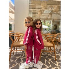 Cg Kids Dik Yaka Beyaz Şeritli Kargo Cepli Unisex Bordo Fermuarlı Eşofman Takım