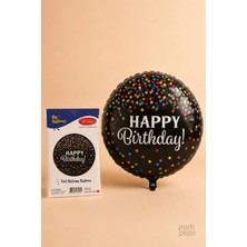 He2 Balloons Happy Birthday Folyo Balon 18 Inç 45 Cm, Siyah Konfeti Desenli Yuvarlak Helyum Uyumlu Doğum Günü Balonu