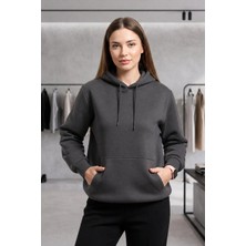 Veleno Kadın Füme Kapüşonlu Kanguru Cepli Sweat 3 Iplik Şardonlu Yumuşak Puf Kumaş