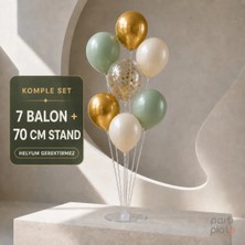 Parti Plato 7'li 70 cm Balon Standı Seti 7 Balonlu Okaliptus Deniz Kumu Krom Gold Şeffaf Konfetili