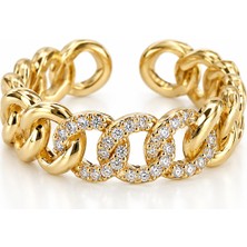 kloi Chainz Ring Çelik Taşlı Zincir Model Kadın Yüzük Gold Renk