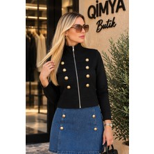 Qimya Butik Chamakh Kadın Süvari Model Şardonlu Fermuarlı Penye Ceket