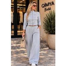 Qimya Butik Chamakh Kadın Süvari Model Şardonlu Fermuarlı Penye Ceket