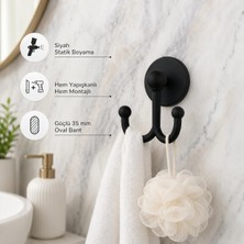 Store Lotus Siyah Çiftli Lüx Bornoz ve Havlu Askılığı, Yapışkanlı ve Vidalı Montajlı Duvar Askısı, Mat Siyah Statik Boyama, 35 mm Oval Bantlı Banyo Askısı