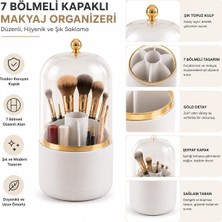 Store 7 Bölmeli Kapaklı Makyaj Fırçası Organizeri, Şeffaf Kapaklı Kompakt Kozmetik Düzenleyici, Gold Detaylı Tozdan Koruyan Makyaj Malzemesi Kutusu
