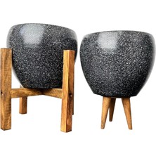 Store Bitki Tasarımı Ev Dekorasyon Siyah Granit Toprak Saksı Saksılık Salon Çiçeklik Ikili Set 3 Ayaklı- 4 Ayaklı- 15 cm