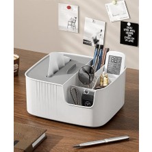 Store Çok Bölmeli Masa Üstü Organizer Kutusu – Kağıt Havlu Bölmeli, Kalemlikli, Uzaktan Kumanda, Makyaj Malzemesi ve Aksesuar Düzenleyici, Modern Tasarım, Ev ve Ofis Için (Beyaz)