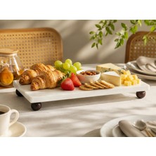 Store Beyaz Mermer Ahşap Ayaklı Sunum Tepsisi 15X30 cm – Dekoratif Lüks Sofra Servis Tepsisi