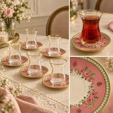 Melinovaa 6 Kişilik Çay Seti Çay Bardağı Takımı Pembe Çiçekli Altın Yaldızlı