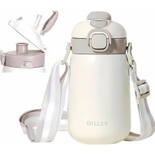 AvantajAl Diller 420ML Pipetli Askılı Çelik Beyaz Çocuk Termos Matara 6 Saat Sıcak/soğuk Tutma Süresi