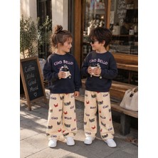 Cg Kids Ciao Bello Baskılı Lacivert Sweatshirt ve Desenli Eşofman Altı Unisex 3ip Alt Üst Takım
