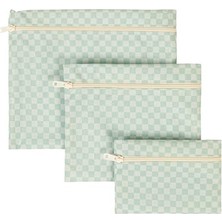 3'lü Su Geçirmez Pvc Astarlı Mint Dama Desen Islak Kuru Çantası 20 x 13/24 x 20/30 x 24 cm