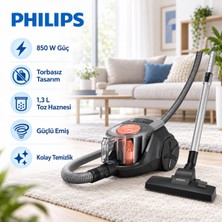 Philips 850 Watt Toz Torbasız Elektrikli Süpürge 1,3 Lt Toz Hazneli Güçlü Emiş Teknolojili Kompakt Tasarımlı Günlük Kullanım Siyah Gri Filtreli Sistem