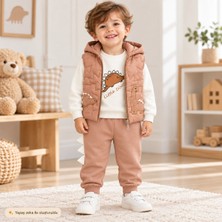 Tace Kids Erkek Bebek 3’lü Kapüşonlu Takım Dinozor Desenli  Şişme Yelek Sweatshirt ve Pantolon