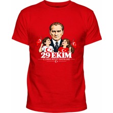 Efendioğlu Design Kısa Kollu Yeni Bayrak Sallayan 2 Çocuk ve Atatürk 29 Ekim Baskılı Pamuklu T-Shirt