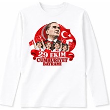 Efendioğlu Design Uzun Kollu Yeni Bayrak Sallayan 4 Çocuk ve Atatürk 29 Ekim Baskılı Pamuklu T-Shirt