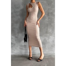 New Boudoir Damla Pencere Detaylı Taşlı Bej Midi Elbise