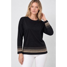 Etki Moda Kadın Kolları ve Eteği Sim Detaylı Mevsimlik Merselize Triko Bluz