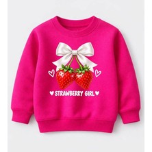 Efendioğlu Design Strawberry Girl Kids Kız Çocuk Çilek Baskılı Fuşya Bisiklet Yaka Sweatshirt
