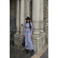 New Boudoir Balıkçı Yaka Lila Bürümcük Kumaş Uzun Elbise