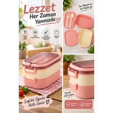 Beny Store 2 Katlı Beslenme Kabı Çatal Kaşıklı Kilitli Kapaklı Plastik Yemek Taşıma Kutusu Lunch Box Pembe