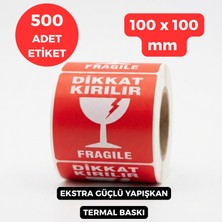 Meg Tasarım Dünyası Dikkat Kırılır Kargo Etiketi Rulosu 10 x 10 cm (500 Adet) - Kırmızı Renk 100 x 100 mm Uyarı Yapışkanı
