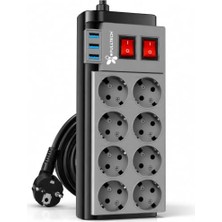 8'li Akım Korumalı Grup Priz, 2 Metre Kablo, 3 USB Girişi ve 4000W Güç