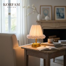 KorFam Lumi Modeli - Beyaz Tül Kumaş Fırfırlı Detaylı Pilli Masa & Gece Lambası