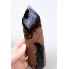 Healcrystal Mor Ametist Akik Kule Noktası, Siyah Çizgili ve Mor Druzy ile Cilalanmış Obelisk, 223G