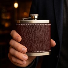 Kılıf, 5 OZ-150 cc Hunili Kahve Brown Deri Çelik Viski Içki Konyak Matarası