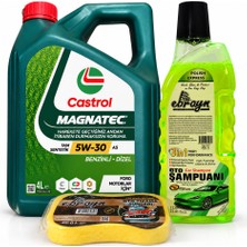 Castrol Motor Yağı Magnatec 5W-30 A5 4 Litre + Oto Şampuan 1000 ml + Yıkama Süngeri