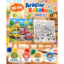 Dekoryan Araçlar Kasabası Çocuk Boyama Tuvali 20X20 cm – Ahşap Çerçeveli Kanvas Tablo