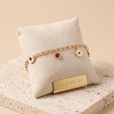 cm Jewelry Vıp Seri 316L Çelik Gold Renk Beyaz Mine Detaylı Sallantılı Kalp Figürlü Rolo Zincir Bileklik 18,5 cm