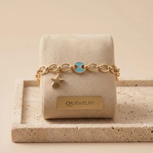 cm Jewelry Vıp Seri 316L Çelik Gold Renk Mavi Mineli ve Yıldız Figürlü Bileklik 17 cm Ayarlamalı