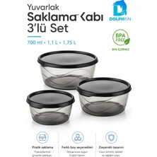 Dolphfin 3’lü Yuvarlak Saklama Kabı Seti 700 ml 1,1 L 1,75 L Füme Şeffaf Bpa Içermez