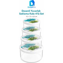 Dolphfin Desenli Yuvarlak Saklama Kabı 4'lü Set Siyah 13 × 13 × 6,5 cm