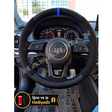 Hasakman Audi Q2 Dikme Direksiyon Kılıfı Alcantara Süet Mat Karbon Mavi Yüzük ve Dikiş 2016-2020