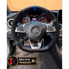 Hasakman Mercedes Gla Dikme Direksiyon Kılıfı Alcantara Süet Mat Karbon Mavi Yüzük ve Dikiş 2017-2020
