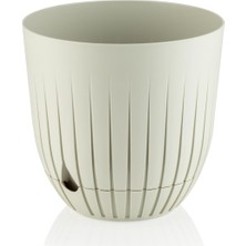 Merfi Store Çizgi Saksı Plastik Delikli Tabaklı Çiçek Saksısı (1 Adet, Krem, 5 Litre)