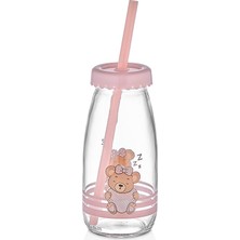 Merfi Store Pembe Ayıcık Baskılı Cam Süt Şişesi Pipetli ve Kapaklı Alıştırma Bardağı Bpa Içermez