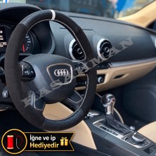 Hasakman Audi Q3 8u Dikme Direksiyon Kılıfı Alcantara Süet Mat Karbon Beyaz Yüzük ve Dikiş 2011-2018